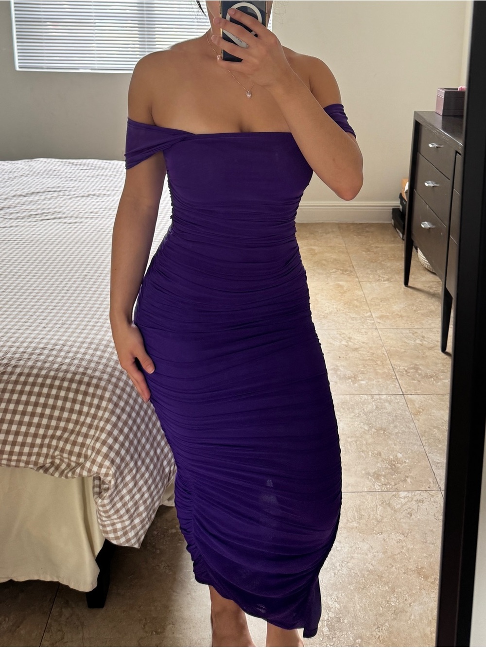 SHEIN Purple Ruched Off Shoulder Bodycon Midi Dress Size S Stretchy Cocktail